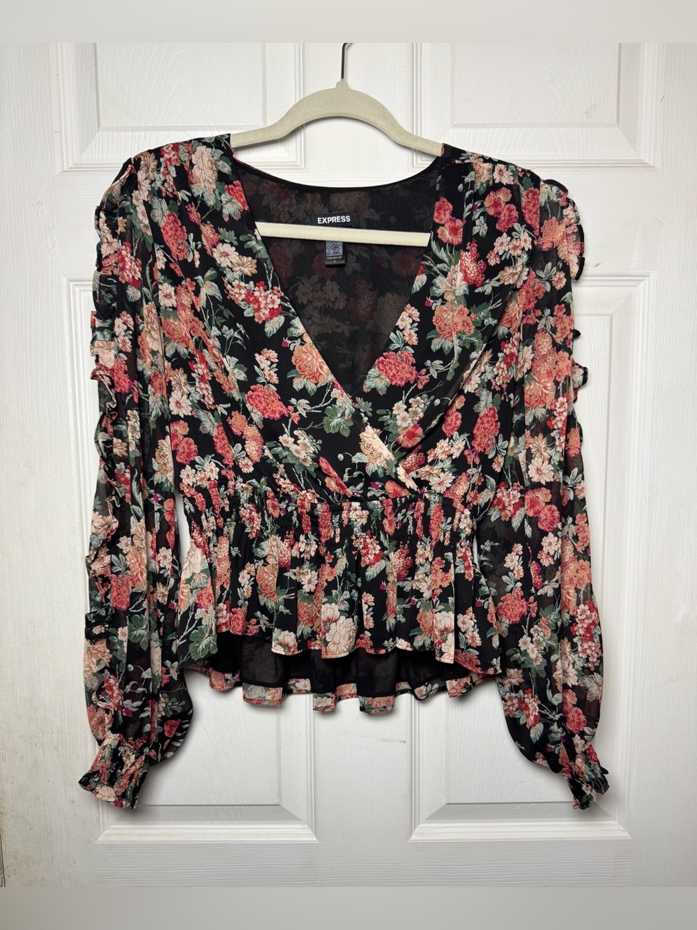 Express Floral Ruffled Sleeves Smocked Waist V-Neck Peplum Blouse